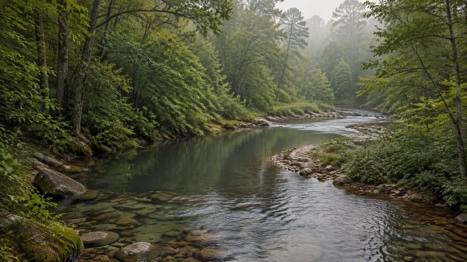 A quiet creek winding through misty green woodland with smooth stones and soft morning light