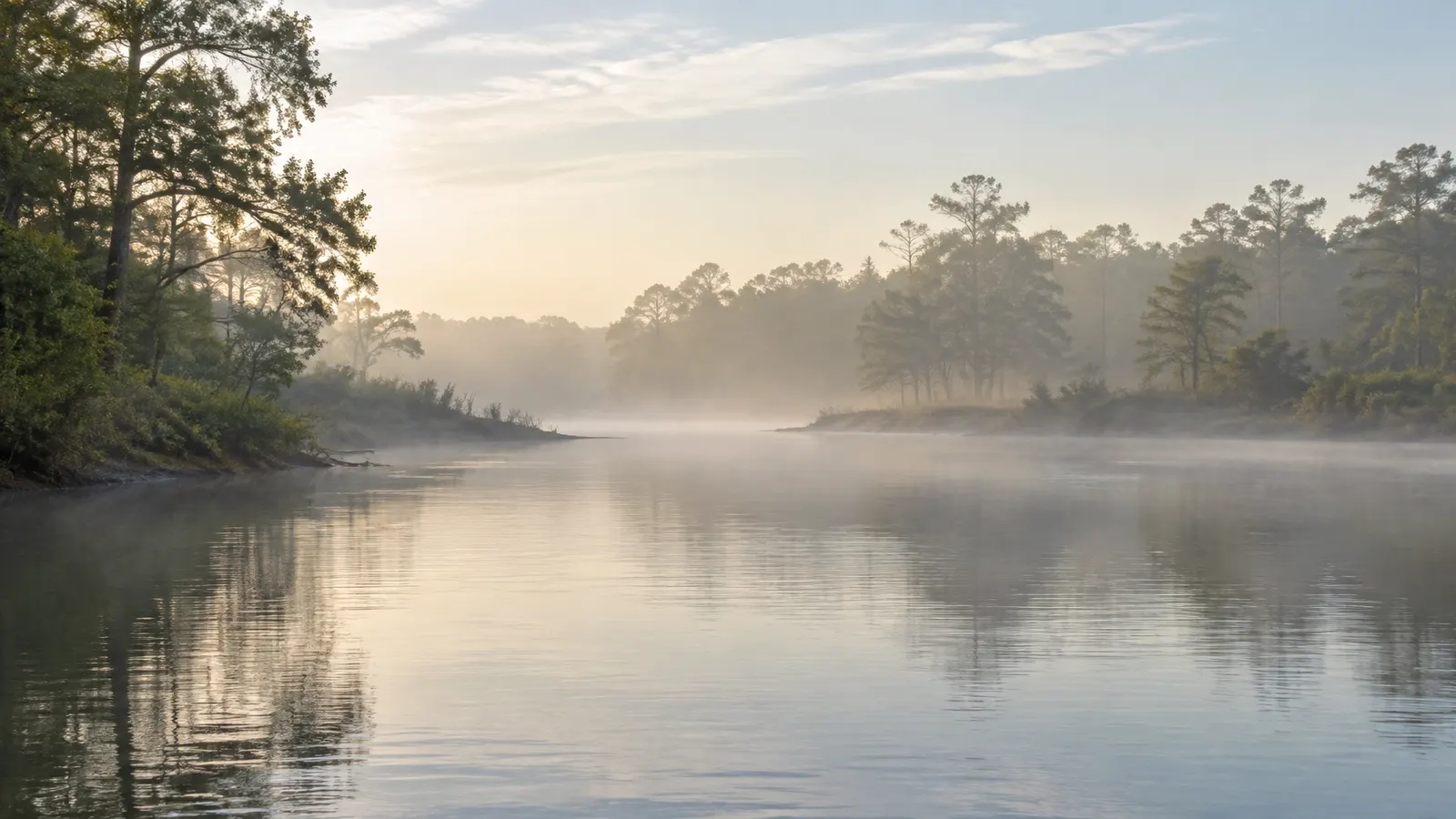 A calm creek beneath misty woodland trees